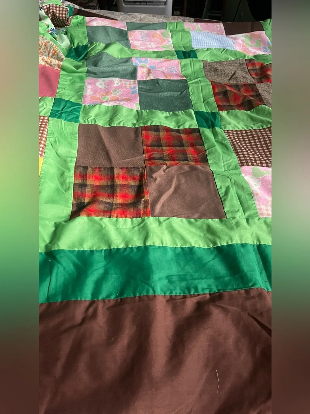 quilt top 76”x97”, cotton & synthetic square block w/variety of pattern & color